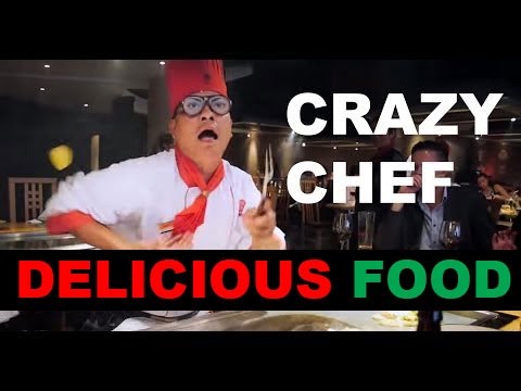 Crazy chef at Benihana in London cooking in an exciting way