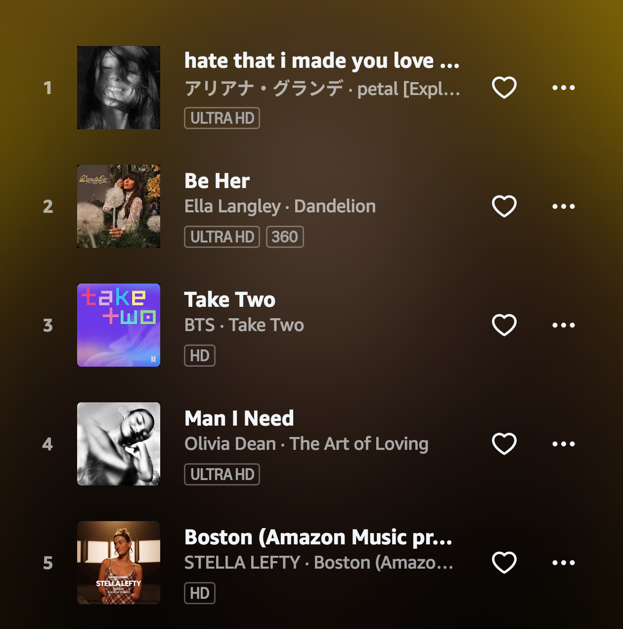 Amazon Music の楽曲ごとに表示される HD・Ultra HD・空間オーディオの音質バッジ